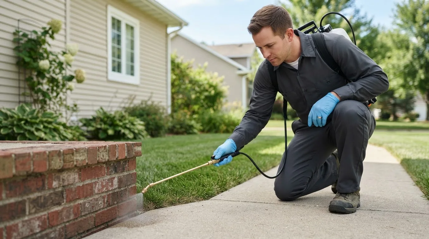 Pest control technician treating a home near Blanchester, OH