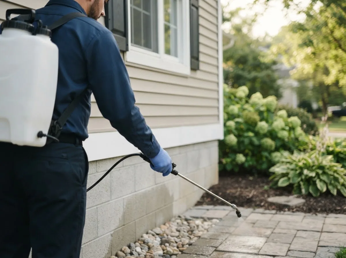 Pest control technician inspecting a home in Blanchester, OH